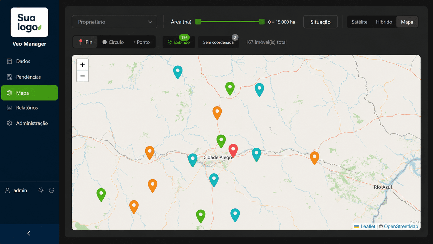 Mapa interativo do Veo Siriema Manager com a localização das propriedades da carteira